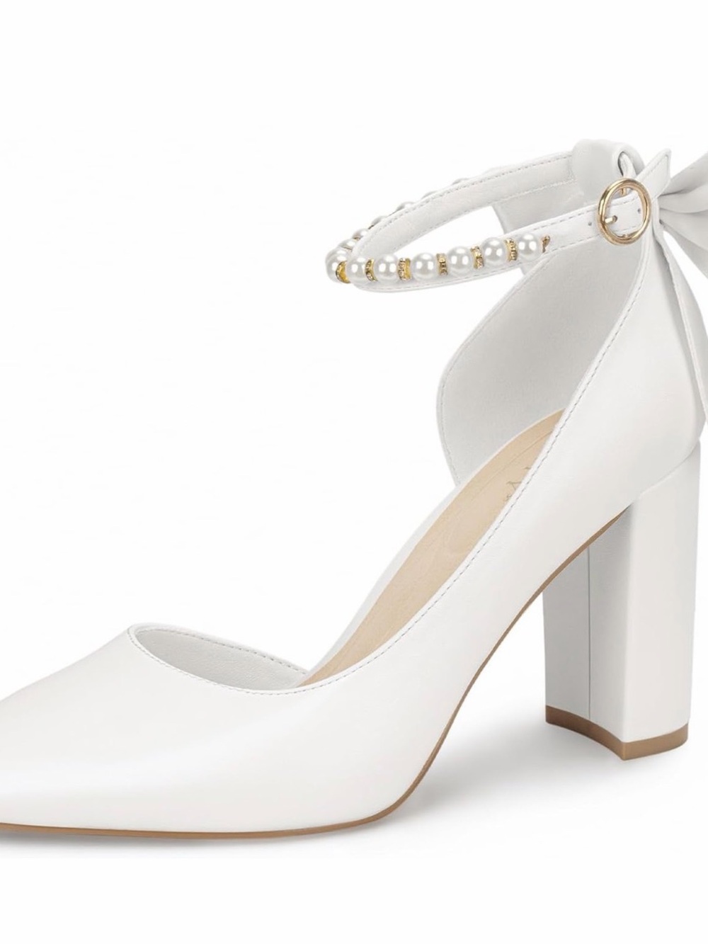 Elegant White Pearl-Ankle Block Heel Pumps
